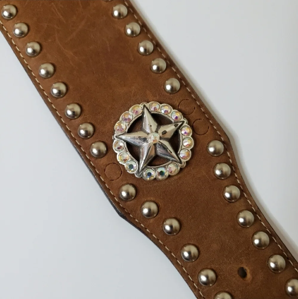 Tony Lama Texas Ranger Star Buckle Leather Western Belt Beaded size 38
